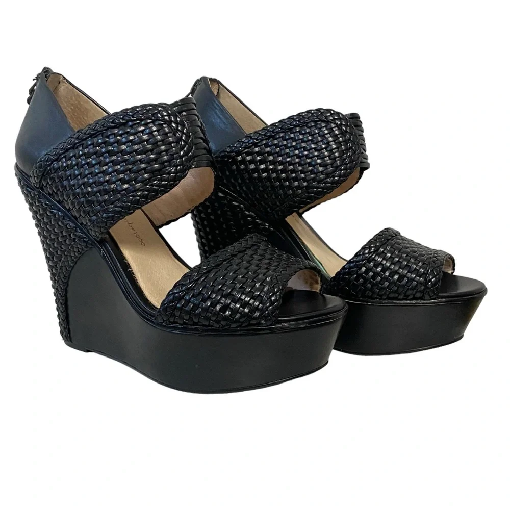 House of Harlow 1960 Eden Woven Detail Platform‎ Holiday Chic Wedge Heels Black - Picture 15 of 15
